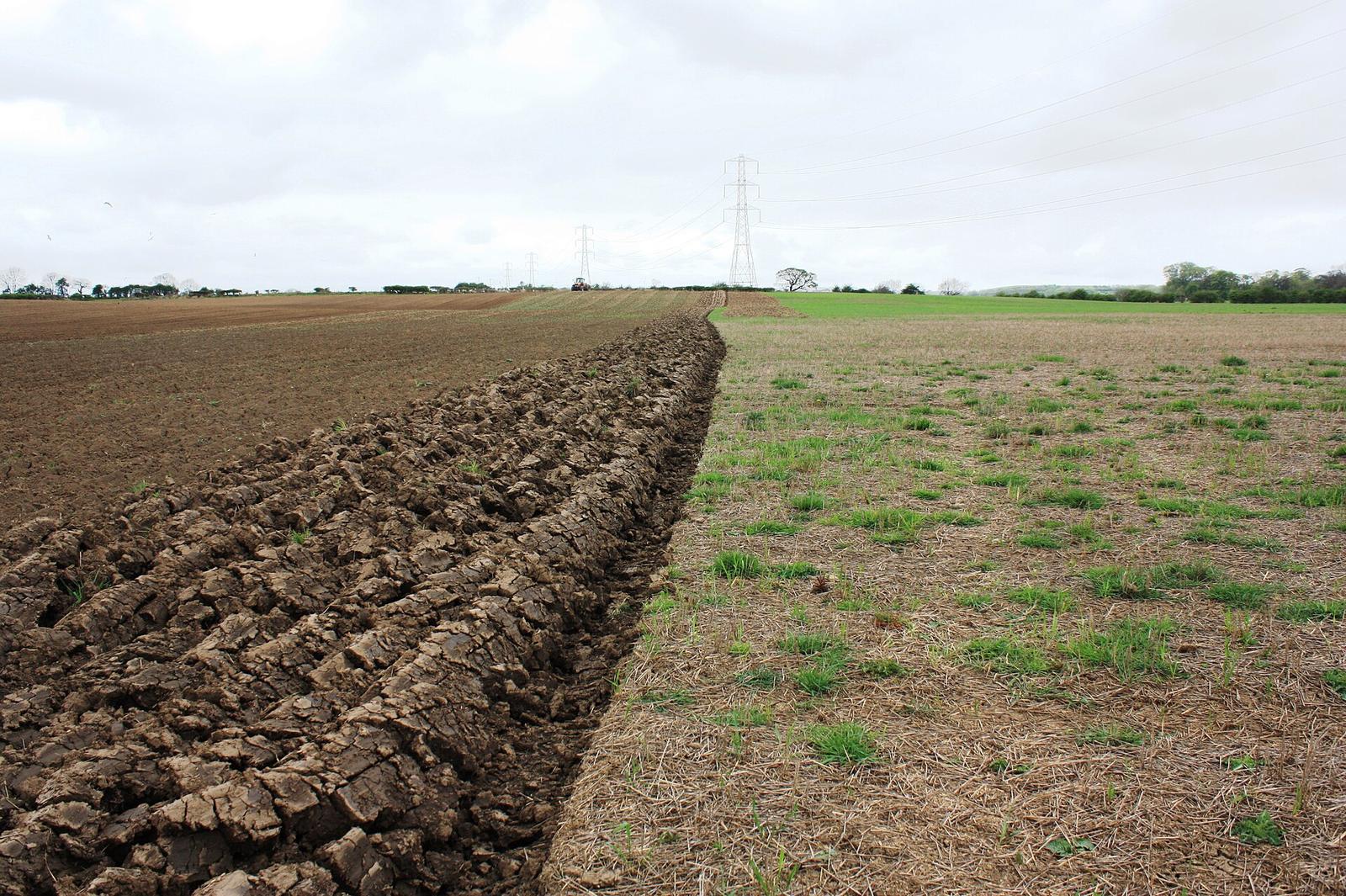 Vers geploegde voren naast een stoppelveld